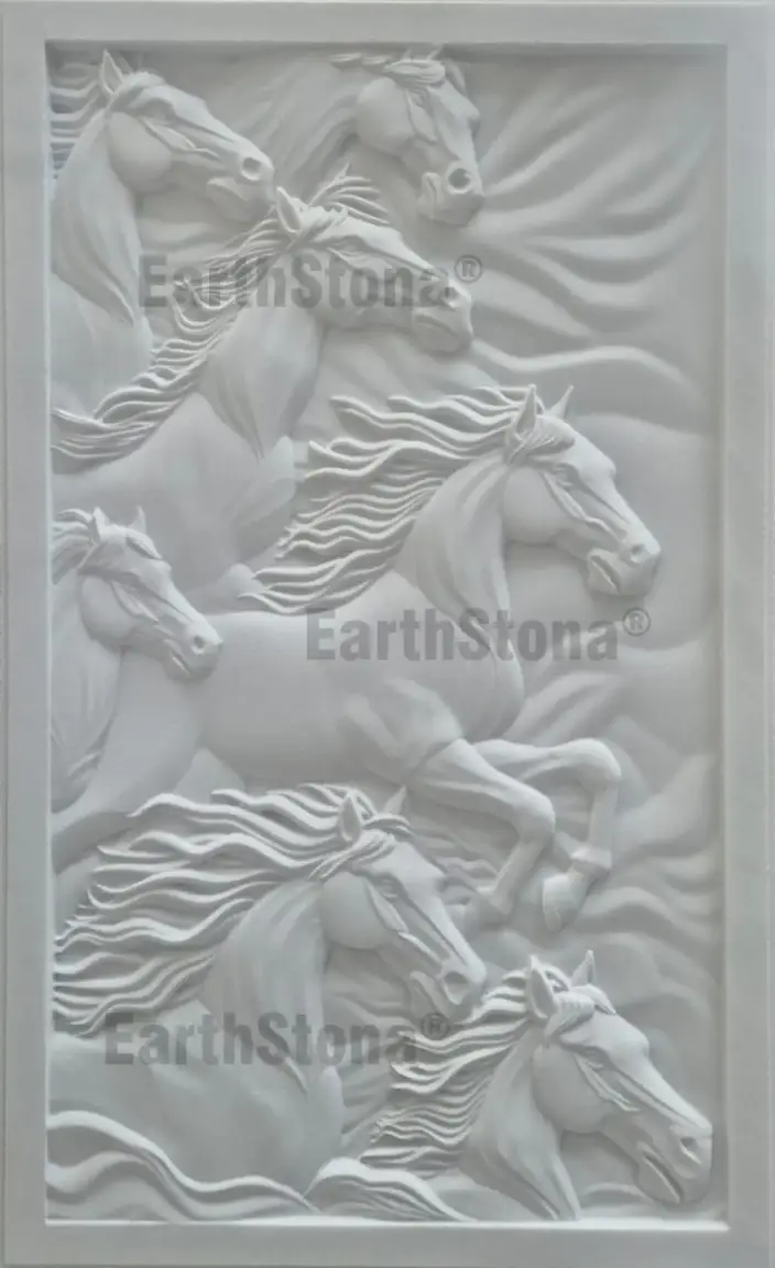 Seven running horses white marble wall mural with black Italian marble border in luxury villa interior